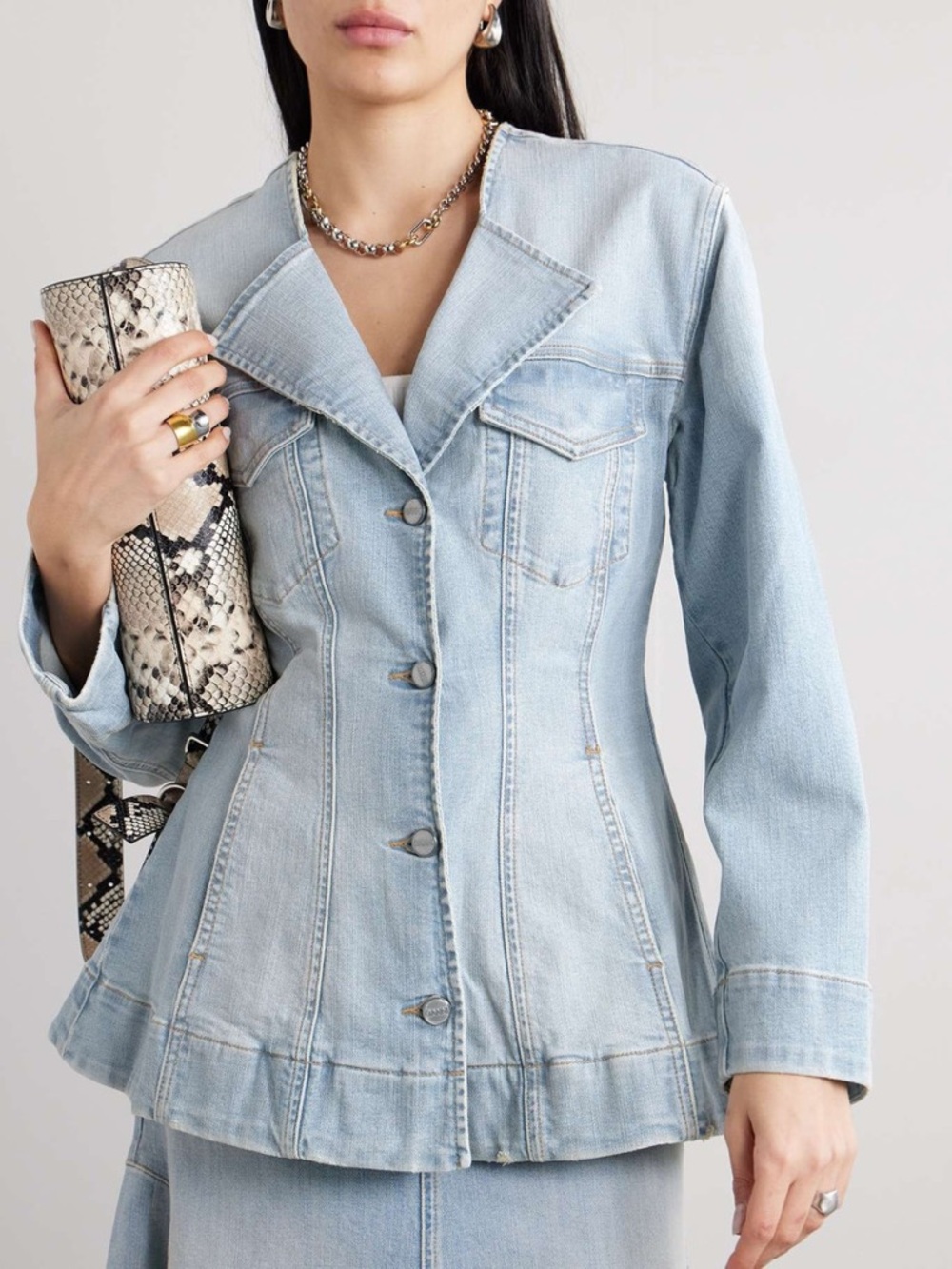 $395 Ganni Light Blue Denim Peplum Jacket Blazer Logo Designer Size 34 US 2 XS